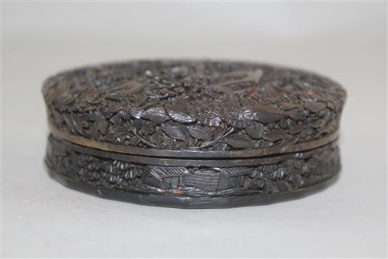 A Chinese export tortoiseshell circular snuff box, 19th century, 9.7cm, restorations